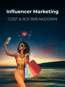 Influencer Marketing Cost & ROI Breakdown. Female influencer on a beach boardwalk with shopping bags and wearing a stylish orange athleisure outfit and sunglasses, taking a selfie. Social media icons float above her head. It is dusk, and the sun has just set. There is a glow in the sky, from blue to splotches of pink to yellow; ocean glistening with the reflection of the remaining light below the horizon.