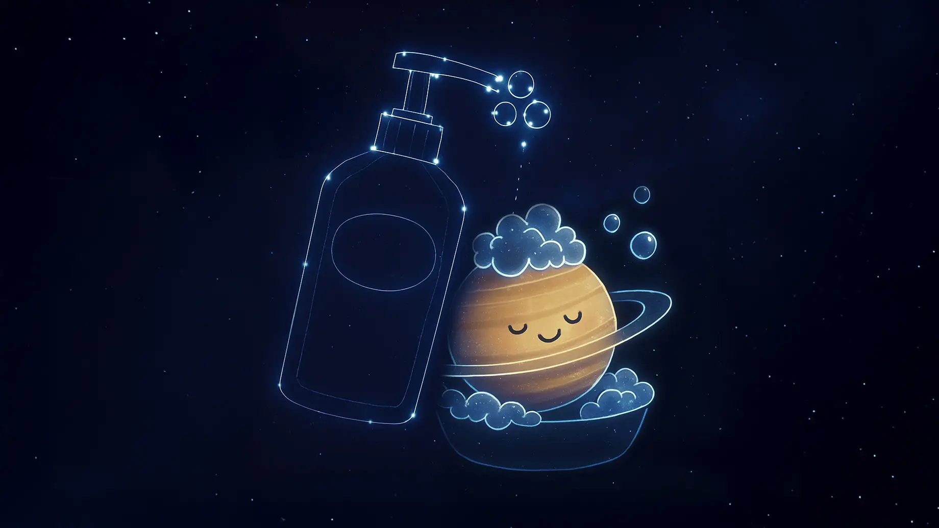 Haircare brand Living Proof improved their total purchase volume using AI ad tools like Meta Andromeda as well as AI image generation. This image shows a shampoo bottle in the style of a constellation, as well as the planet saturn taking a bath.