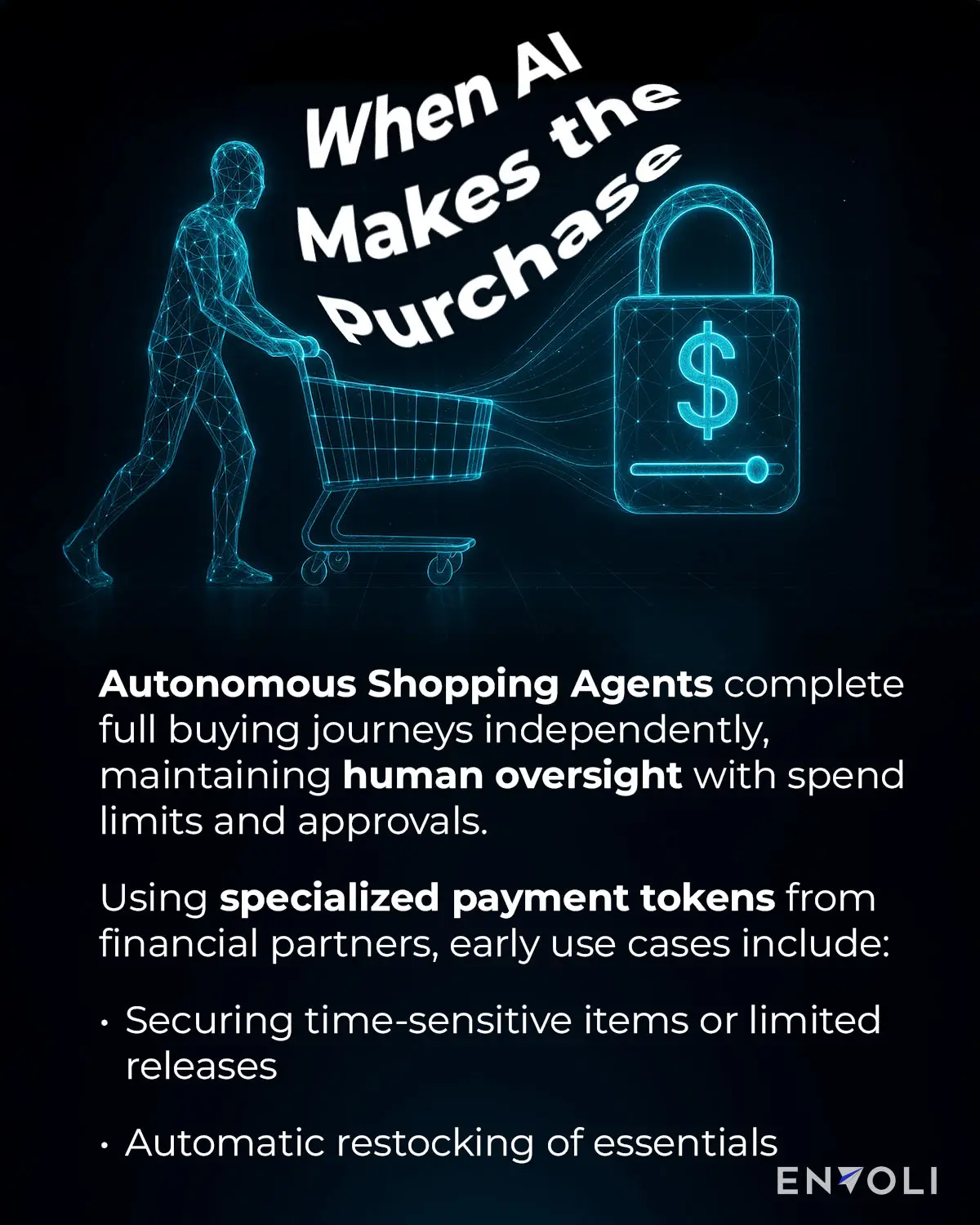 When AI makes the purchase. Autonomous shopping agents complete full buying journeys independently. They maintain human oversight with spend limits and approvals. Using specialized payment tokens from financial partners, early use cases include: 1. Securing time-sensitive items or limited releases. 2. Automatic restocking of essentials.